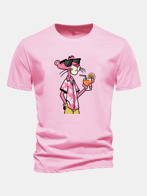 Regular Fit Vacation Pink Panther Print Cotton T-Shirt