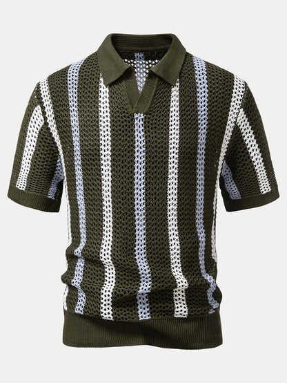 Striped Crochet V Neck Polo & Straight Leg Linen Pants