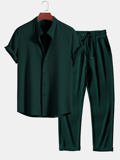 Muscle Fit Ribbed Stand Collar Shirt & Straight Leg Ribbed Pants