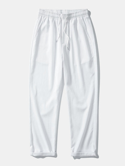 Short Sleeve Linen Look Stand Collar Shirt & Crinkle Textured Straight Leg Pants