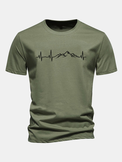 Regular Fit Heartbeat Mountain Print Cotton T-Shirt