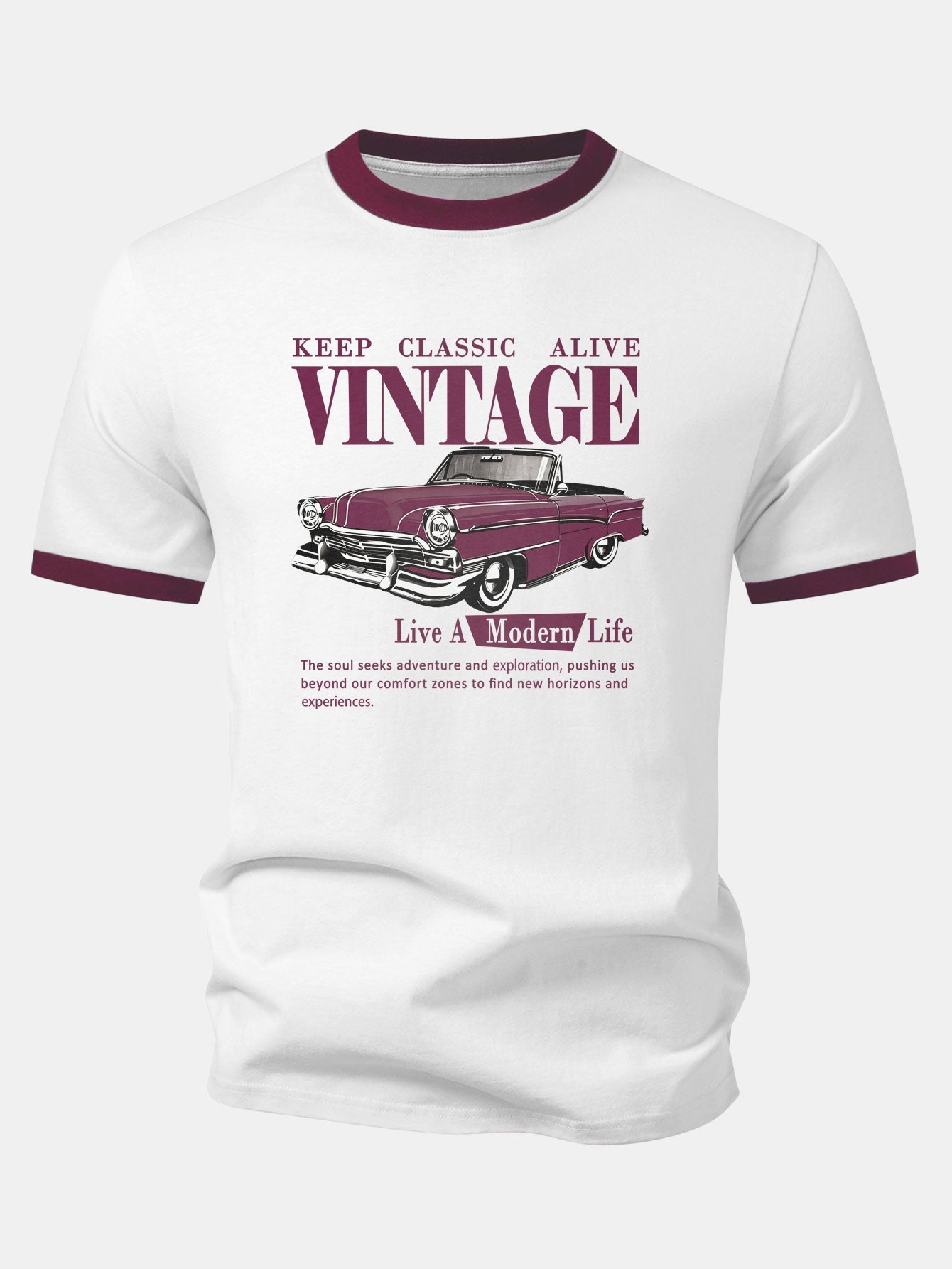 Vintage Car Print Contrast Ringer T-Shirt