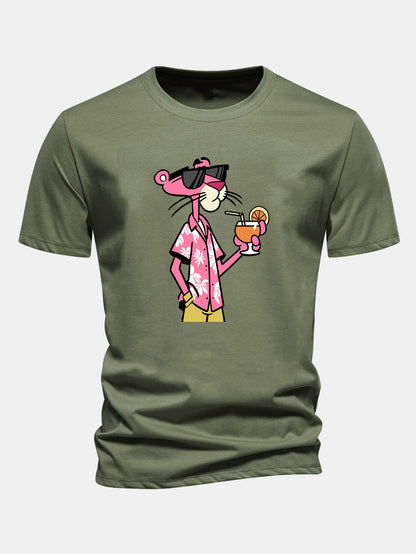 Regular Fit Vacation Pink Panther Print Cotton T-Shirt