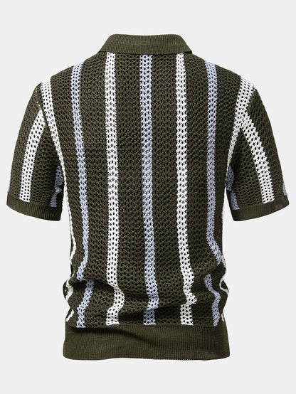 Striped Crochet V Neck Polo & Straight Leg Linen Pants