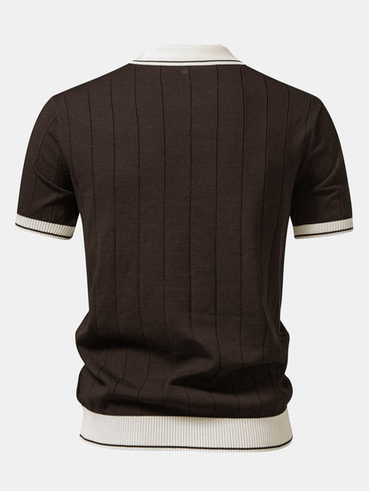 Contrast Trim Ribbed Johnny Collar Knit Polo & Slim Fit Tapered Trousers