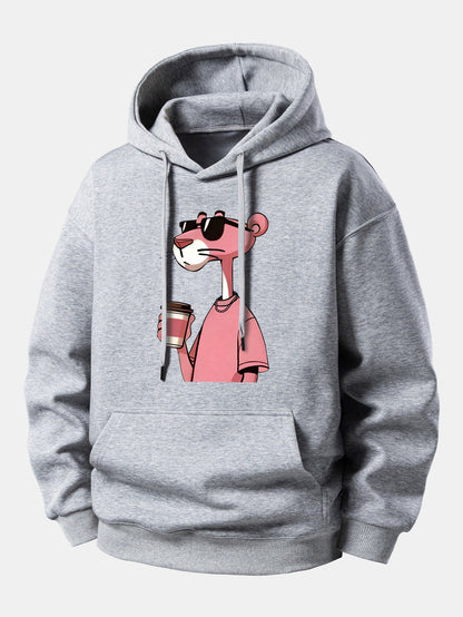 Pink Panther Drinking Coffee Print Relax Fit Hoodie