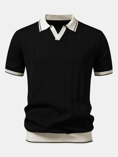 Contrast Trim Ribbed Johnny Collar Knit Polo & Slim Fit Tapered Trousers