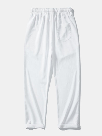 Short Sleeve Linen Look Stand Collar Shirt & Crinkle Textured Straight Leg Pants