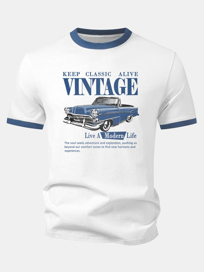 Vintage Car Print Contrast Ringer T-Shirt