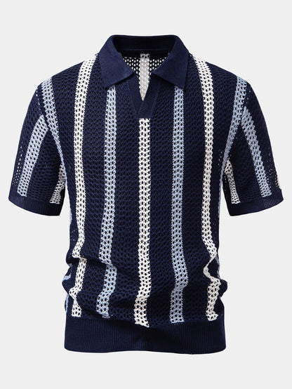 Striped Crochet V Neck Polo & Straight Leg Linen Pants