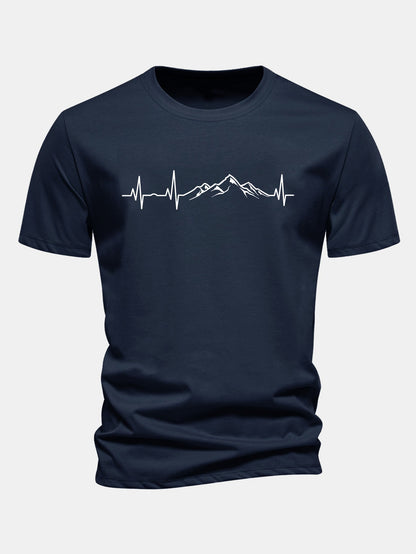 Regular Fit Heartbeat Mountain Print Cotton T-Shirt