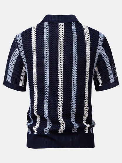 Striped Crochet V Neck Polo & Straight Leg Linen Pants