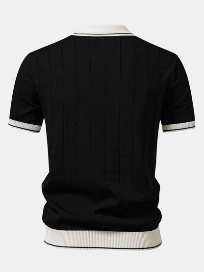 Contrast Trim Ribbed Johnny Collar Knit Polo & Slim Fit Tapered Trousers