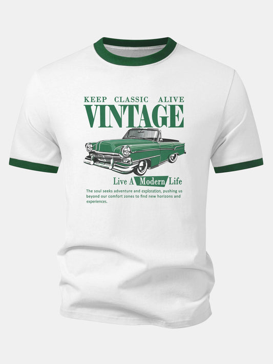 Vintage Car Print Contrast Ringer T-Shirt