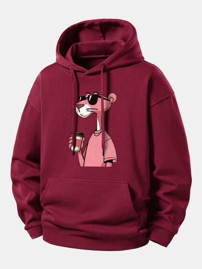 Pink Panther Drinking Coffee Print Relax Fit Hoodie