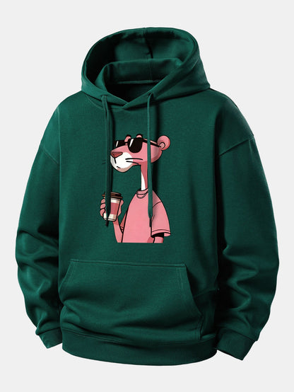Pink Panther Drinking Coffee Print Relax Fit Hoodie