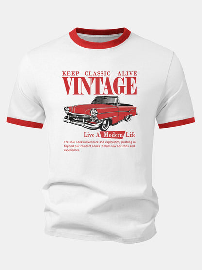 Vintage Car Print Contrast Ringer T-Shirt