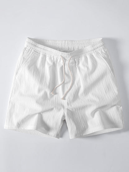 Geometric Striped Jacquard Button Up Shirt & Crinkle Textured Drawstring 5" Shorts