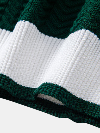Texture Contrast Knitted V Neck Polo Shirt
