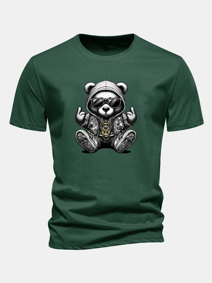 Regular Fit Hip Hop Bear Print Cotton T-Shirt