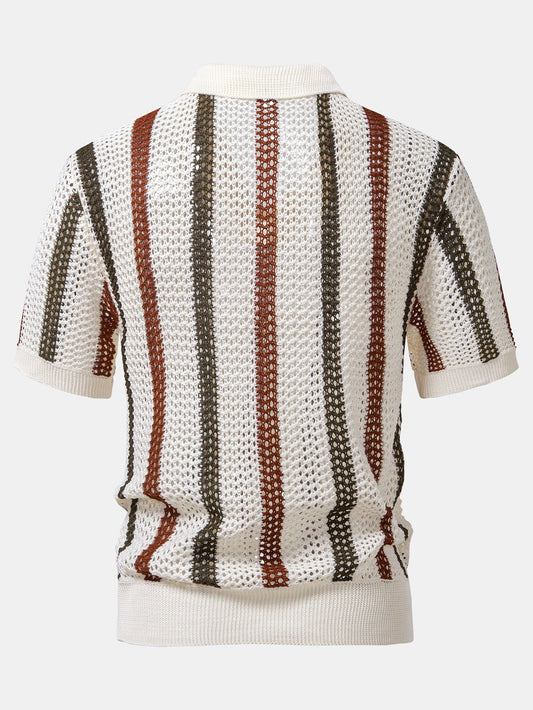 Striped Crochet V Neck Polo