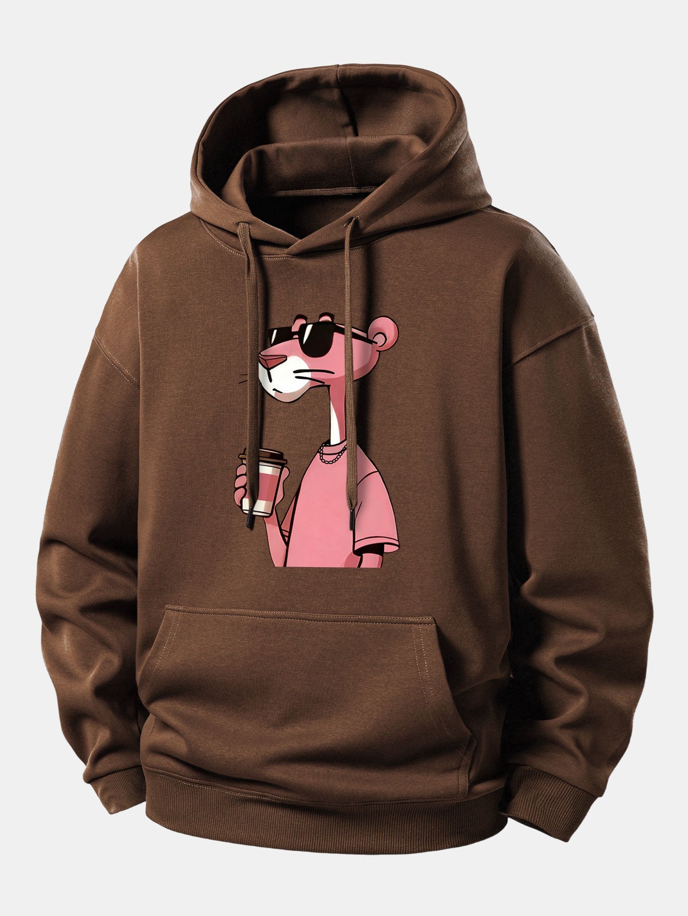 Pink Panther Drinking Coffee Print Relax Fit Hoodie