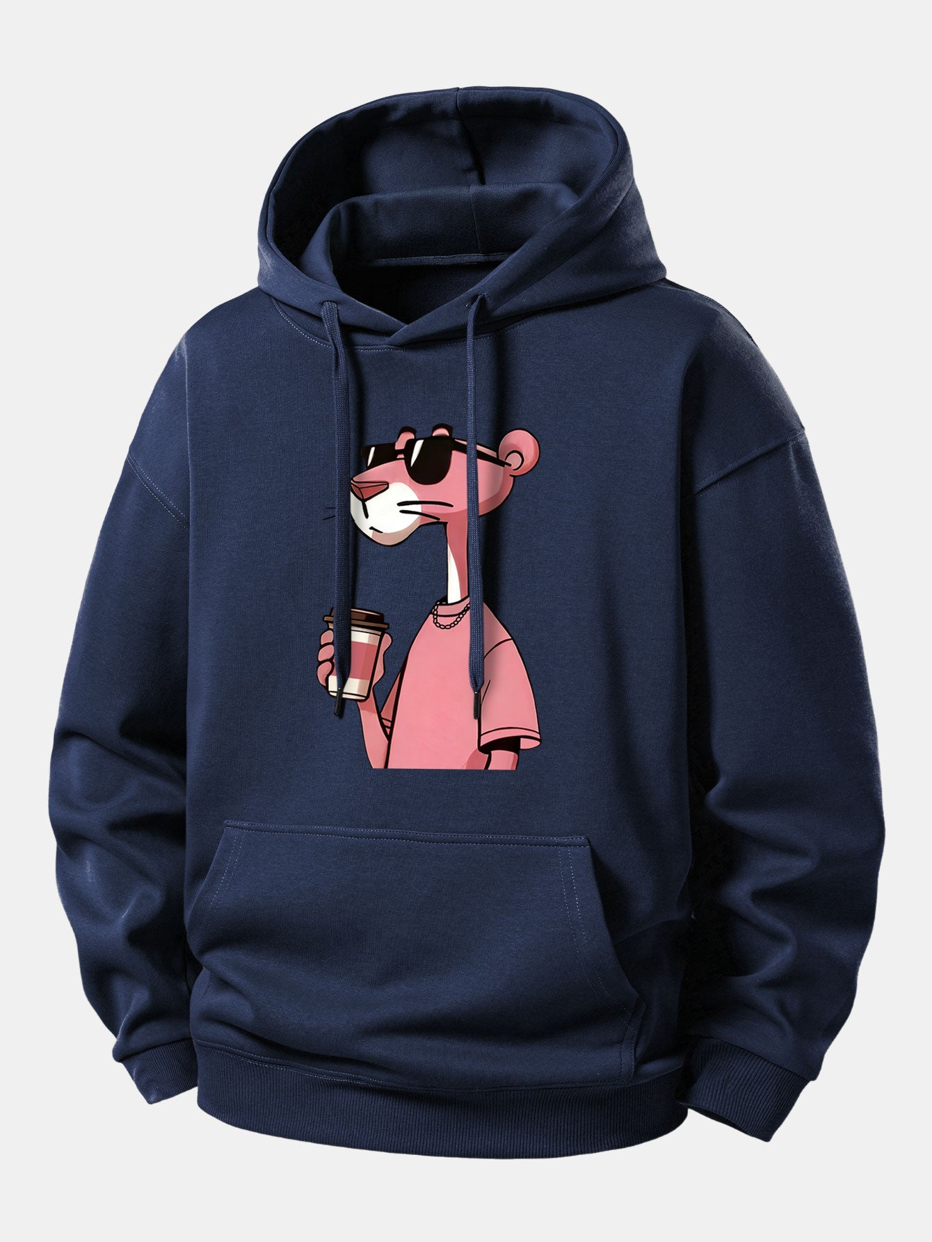 Pink Panther Drinking Coffee Print Relax Fit Hoodie