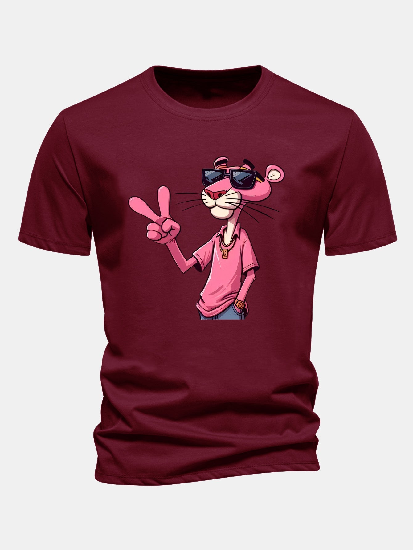 Regular Fit Pink Panther With V Sign Print Cotton T-Shirt