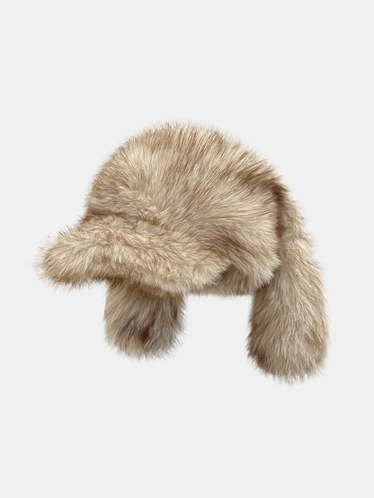 Retro Style Warm Baseball Cap With Fluffy Rabbit Ears Design