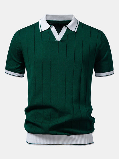 Contrast Trim Ribbed Johnny Collar Knit Polo & Slim Fit Tapered Trousers