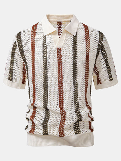 Striped Crochet V Neck Polo & Straight Leg Linen Pants