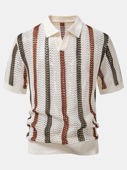 Striped Crochet V Neck Polo & Straight Leg Linen Pants
