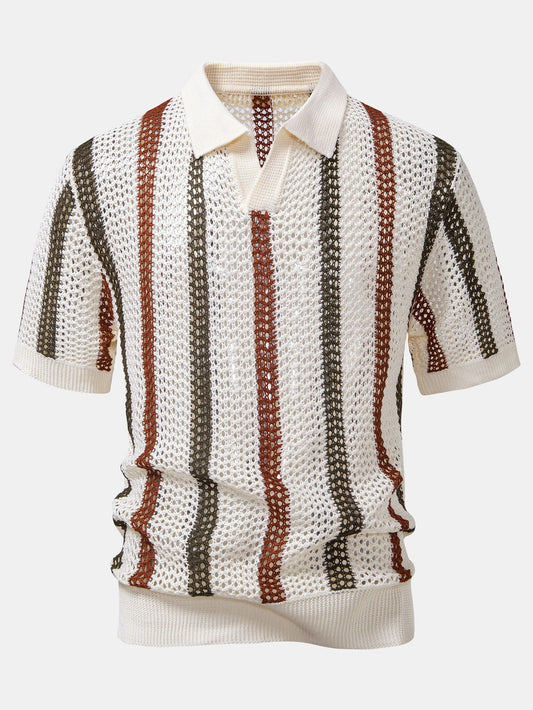 Striped Crochet V Neck Polo & Straight Leg Linen Pants