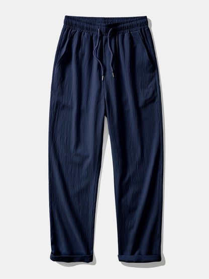 Short Sleeve Linen Look Stand Collar Shirt & Crinkle Textured Straight Leg Pants