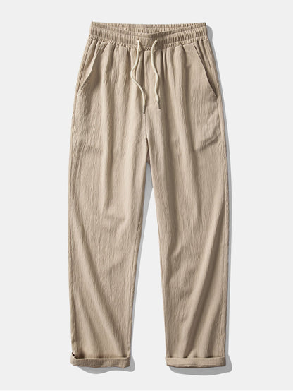 Short Sleeve Linen Look Stand Collar Shirt & Crinkle Textured Straight Leg Pants