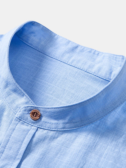 Short Sleeve Linen Look Stand Collar Shirt & Crinkle Textured Straight Leg Pants