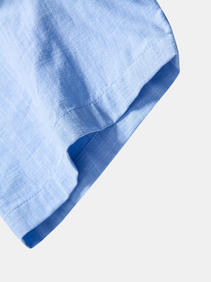 Short Sleeve Linen Look Stand Collar Shirt & Crinkle Textured Straight Leg Pants