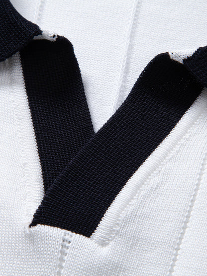 Contrast Trim Ribbed Johnny Collar Knit Polo & Slim Fit Tapered Trousers