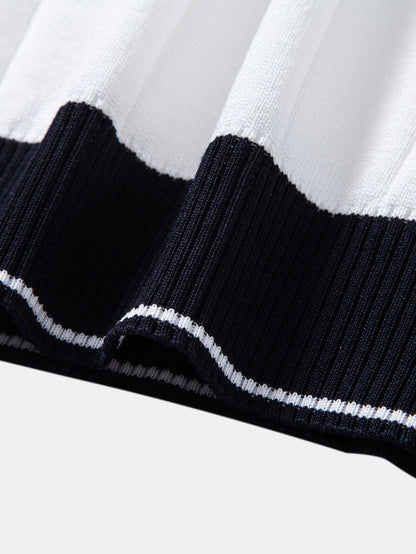Contrast Trim Ribbed Johnny Collar Knit Polo & Slim Fit Tapered Trousers