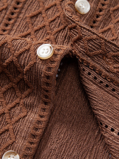 Geometry Rhombus Jacquard Button Up Shirt & Crinkle Textured Straight Leg Pants