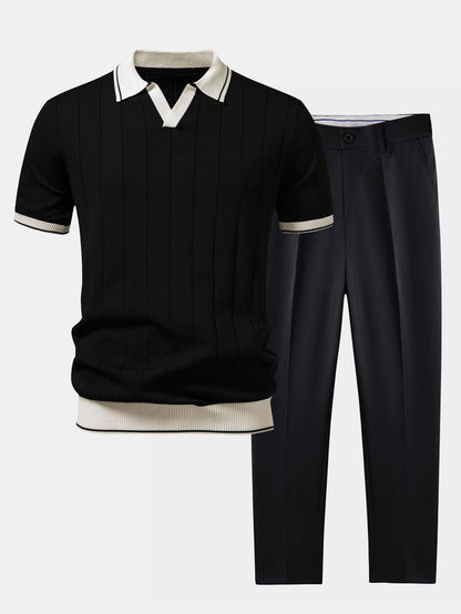 Contrast Trim Ribbed Johnny Collar Knit Polo & Slim Fit Tapered Trousers