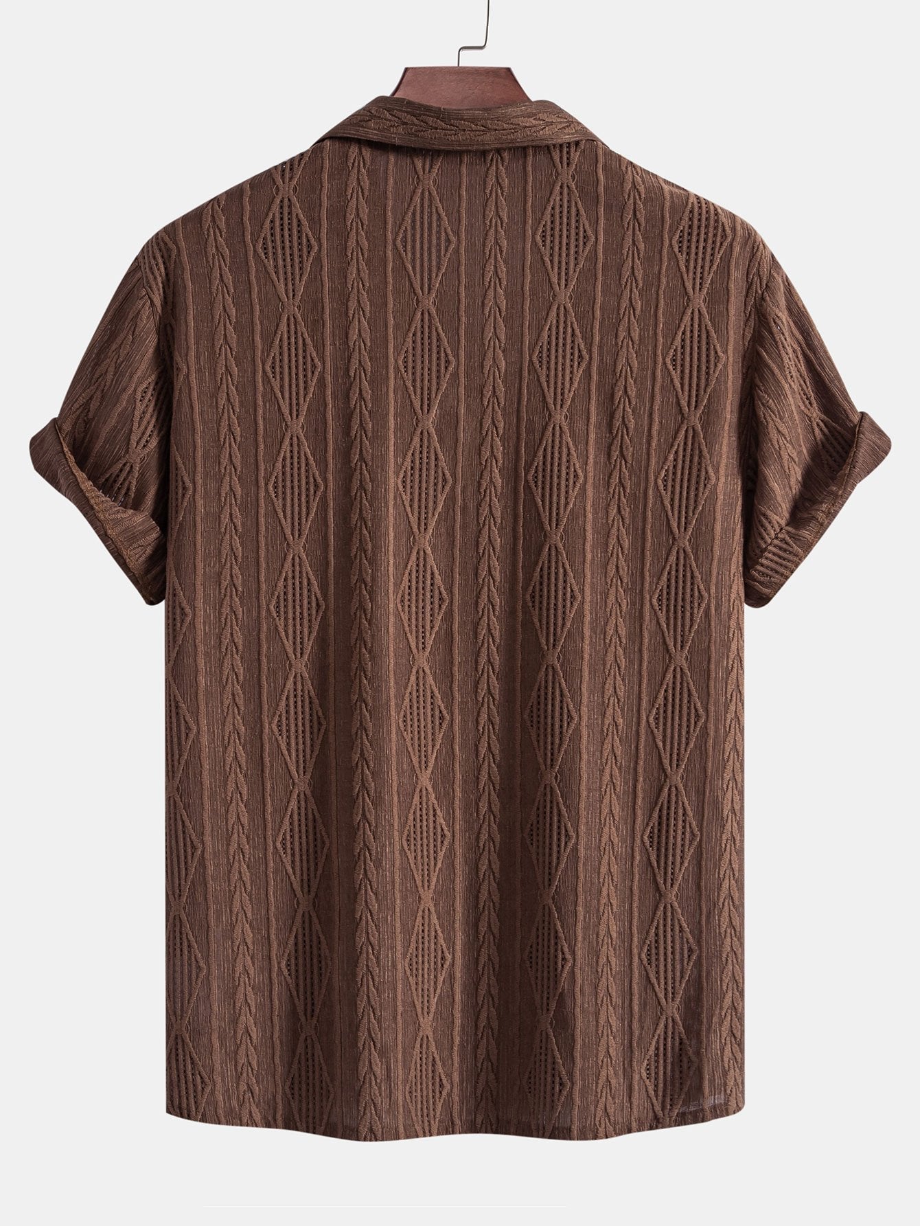 Geometric Jacquard Eyelet Cuban Shirt & Crinkle Textured Straight Leg Pants