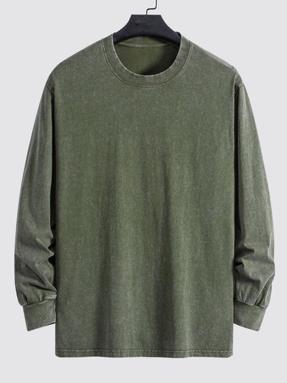 Relax Fit Long Sleeve Washed Distressed T-Shirt