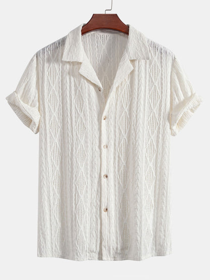 Geometric Jacquard Eyelet Cuban Shirt & Straight Leg Linen Pants