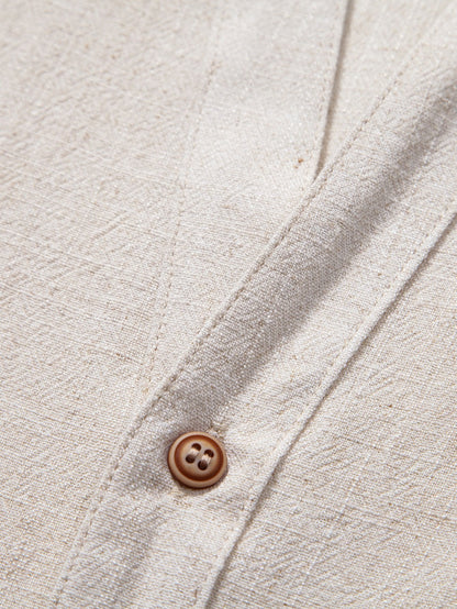 Short Sleeve V Neck Linen Rayon Blend Shirt