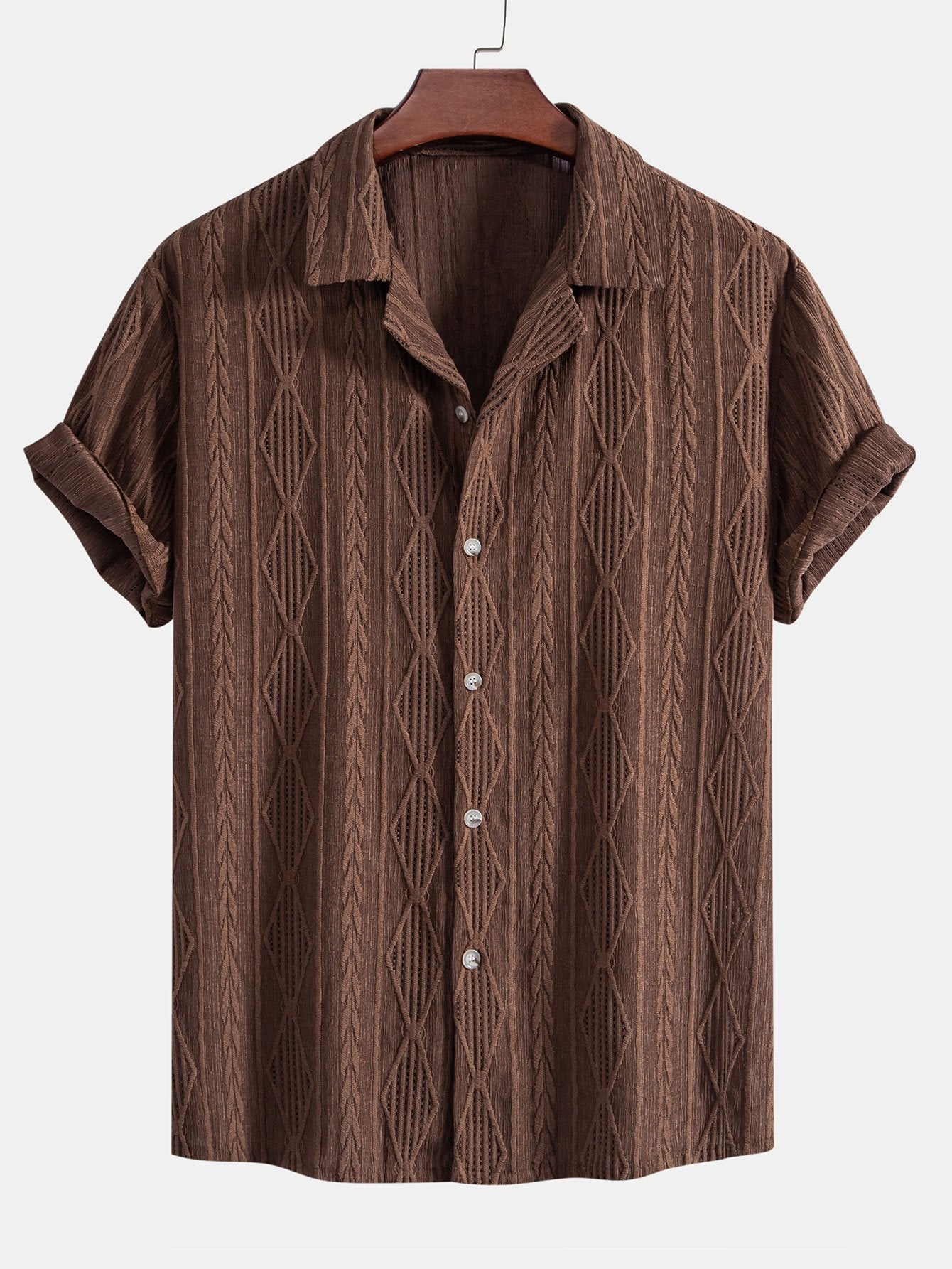 Geometric Jacquard Eyelet Cuban Shirt & Crinkle Textured Straight Leg Pants