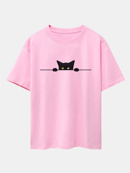 Black Cat Print Drop Shoulder Oversize T-Shirt