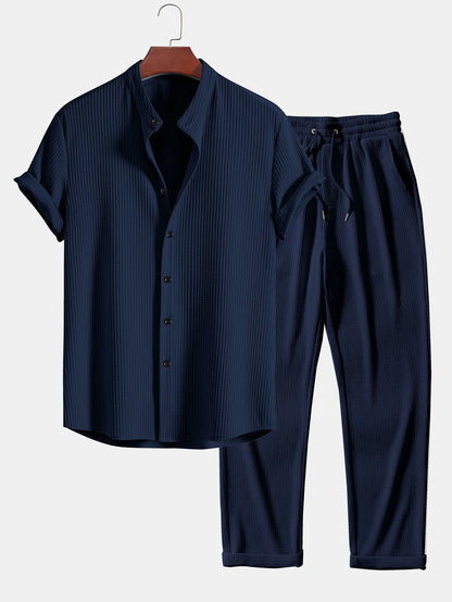 Muscle Fit Ribbed Stand Collar Shirt & Straight Leg Ribbed Pants